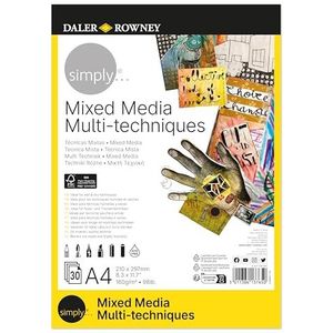 Daler-Rowney, Simply, gemengde technieken, lichte textuur, 160 g/m², gelijmd, 1 kant, A4-21 x 29,7 cm, wit, 30 vellen