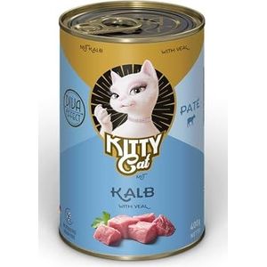 Kitty Cat Paté Kalfsvlees, 6 x 400 g, natvoer voor katten, graanvrij, met taurine, zalmolie en groene orlevorm, compleet voer met hoog vleesgehalte, gemaakt in Duitsland