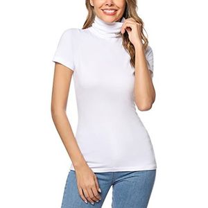 Irevial T-shirt met korte mouwen, voor dames, winter, opstaande kraag, T-shirt, casual, chique, bovenstuk, ronde hals, Wit.