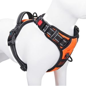 PHOEPET Reflecterend hondenharnas voor grote rassen - Verstelbaar anti-trekvest met handvat, 2 metalen ringen, 3 gespen, gemakkelijk aan en uit te trekken, maat XL, oranje