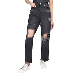 M17 Dames Dames Denim Torn Hem Rip Mom Jeans Hoge Taille Vrouwen, zwart.