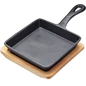 Artesa - Mini-vierkante gietijzeren pan met houten standaard, multifunctionele pan, 15 x 24 x 3 cm - zwart