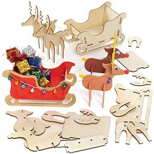 Baker Ross FE852 Kerstmansleeën en rendier van hout voor kinderen, 2 stuks, decoratie van hout om te versieren, hout om te schilderen, voor kinderen, knutselen voor kinderen