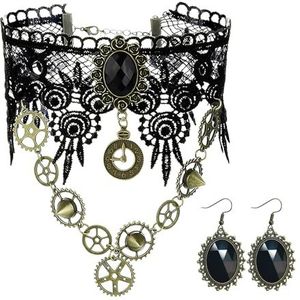 KRYMSON 1 x kanten halsketting en 1 paar kristallen oorbellen, steampunk-halsketting, gothic halsketting, vintage uitrustingsketting voor vrouwen en meisjes (zwart), 29 cm, metaal, Metaal