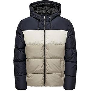 ONLY & SONS Onsmelvin Life Gewatteerde herenjas met capuchon, Donkermarineblauw/detail: antiek wit/vintage kaki