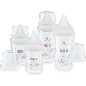 NUK Perfect Match flessenset, 3 maanden, past zich aan het gehemelte van de baby, temperatuurregeling, anti-koliek ventilatieopening, 150 ml en 260 ml, BPA-vrij, siliconen speen, regenboog, 4 stuks