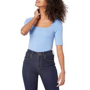 Amazon Essentials Dames T-shirt met halve mouwen en vierkante hals, slim fit, blauw, XS