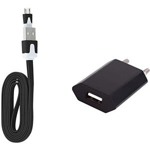 Noodle-kabel, 1 m, oplader en stekker voor Alcatel 1 x 2019, smartphone, micro-USB, wandmontage, universeel pakket Android (zwart)