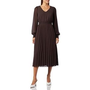 KAFFE Women's Chiffon Dress Long Sleeves Midi Length V-Neck Elastic Waist Femme, Java, 34