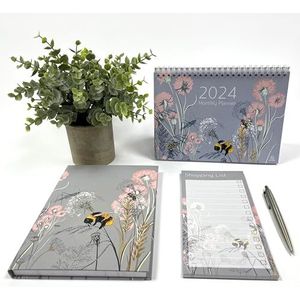 Exacompta - Ref GS035Z - Organisatieset 2024 - Bevat een A5-dagboek, een bureaukalender (maand per zicht) en een boodschappenlijstblok met bijen- en bloemenmotief