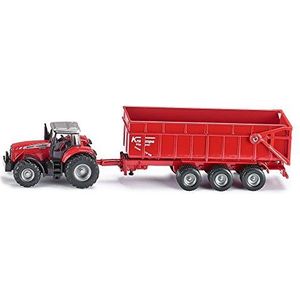 siku 1844, Massey Ferguson-tractor met aanhanger, 1:87, metaal/kunststof, rood, kantelbare aanhanger