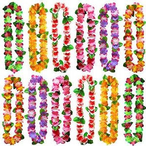 AWCIGG® 12 stuks Hawaiiaanse bloemenkettingen, hoge dichtheid, meerkleurig, Hawaiiaanse kostuum, strandfeestdecoratie, 105 x 6,5 cm, polyester, Polyester