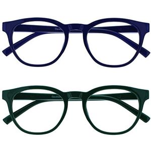 OPULIZE Blu - Lunettes de Lecture Anti-Lumière Bleue Pack de 2 Montures Rondes et Cool Charnières à Ressort Améliore le Sommeil Jeux Ordinateur Bleu Vert Hommes Femmes BB5-36 +3.00