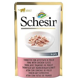 Schesir, Natvoer voor volwassen katten in ton smaak met gezette kipslijping, totaal 1,7 kg (20 zakjes van 85 g)