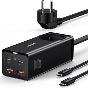 Baseus GaN III snellader USB C, 100 W, meerdere stekker met dubbele USB C + 2 USB-A+1 AC, type C multi-opladen met kabel, draagbaar voor iPhone 15 Pro/14/13/12, MacBook, iPad, Galaxy, Xiaomi