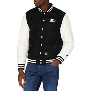 STARTER BLACK LABEL Hoogwaardige college jas voor heren met geborduurd logo, kunstleren mouwen en drukknop, zwart/wit, maten S tot XXL, Zwart/Wit