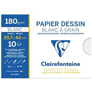 Clairefontaine 96185C - tekenpapier, 10 vellen, wit tekenpapier, korrelgrootte - A3, 29,7 x 42 cm, 180 g, ideaal voor kunststoffen