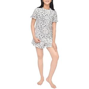 Sleepdown Dames-T-shirt, korte mouwen, pyjama, 2-delig, met ruches, dierenprint, Grijs luipaardpatroon