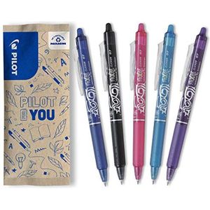 PILOT Frixion Ball Clicker, intrekbare balpen, uitwisbaar, met warmtegevoelige inkt - navulbare en ergonomische rollerbalpen - zwart, blauw, roze, turquoise, paars - middelgrote punt, 5 stuks