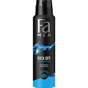 Fa Men Deodorant & Body Spray Kick Off (150 ml) deodorant spray met actieve verfrissende geur zonder aluminium voor maximaal 48 uur bescherming zonder deodorantresten achter te laten