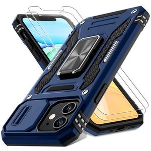 DEERLAMN Set van 2 telefoonhoesjes voor de iPhone 11 met schuifhoes voor camera + displaybescherming met draaibare ring en standaard, militair schokbestendig beschermhoesje, marineblauw