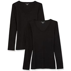 Amazon Essentials Lot de 2 t-shirts en tricot côtelé à manches longues et col en V côtelé pour femme (disponible en grande taille), noir, taille XS