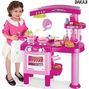 BAKAJI Keuken voor meisjes, groot speelgoed 69 accessoires met servies, lichten en geluiden, hoogte 80 cm, kleur roze en paars