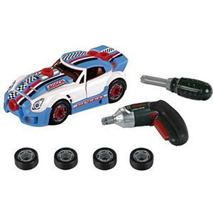 klein Theo 8668 Bosch auto tuning kit demonteerbaar met accessoires met schroevendraaier, Bosch Ixolino schroevendraaier, batterijen, afmetingen: 205 cm x 95 cm x 6 cm, speelgoed voor kinderen vanaf 3