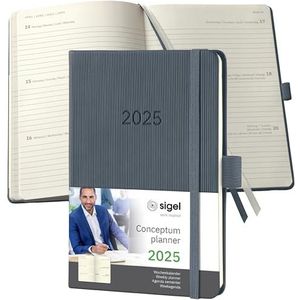 SIGEL Conceptum C2567 Agenda semainier 2025, env. A6, gris foncé, couverture rigide, 176 pages, élastique, passant pour stylo, pochette d'archives, certifié PEFC, Conceptum