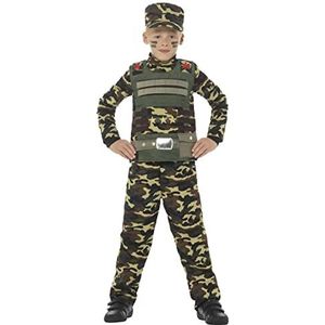 Camouflage Military Boy kostuum, groen, met top, broek en hoed (S)