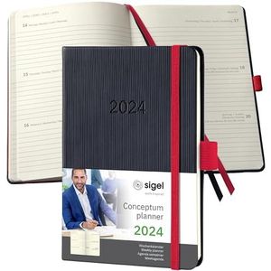 SIGEL Conceptum C2509 Agenda semainier 2025, env. A6, noir, rouge, couverture rigide, 176 pages, élastique, passant pour stylo, pochette d'archives, certifié PEFC, Conceptum