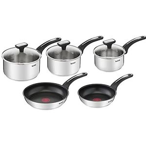 Tefal Emotion Kookgerei, 5-delig, braadpannen 20/24 cm, steelpannen 16/18/20 cm, roestvrij staal, warmteverdelingsbasis, elegant design, robuuste handgrepen, inductie E300S544