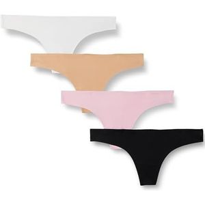 Amazon Essentials Lot de 4 strings extensibles sans couture pour femme, noir/camel/rose clair/blanc, taille L