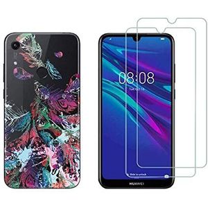 NOVAGO Compatibel met Huawei Y6 2019/Honor 8A, zachte beschermhoes, robuust, schokbestendig, met print + 2 displaybeschermfolies van robuust gehard glas (hoes + 2 films, veren 2)