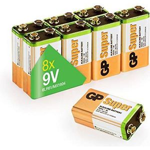 GP 9V (6LR61, MN1604, 9V E-block) Block 9V Super Alkaline, geschikt voor vele toepassingen (8 stuks 9V blokbatterijen in een bijpassende brievenbus verpakking)