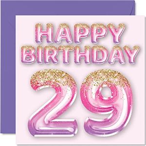 Verjaardagskaart 29 jaar dames - roze en paarse glitter ballonnen - verjaardagskaarten voor 29e jaar, dochter, zus, tante, neef, 145 mm x 145 mm, wenskaarten negenentwintig