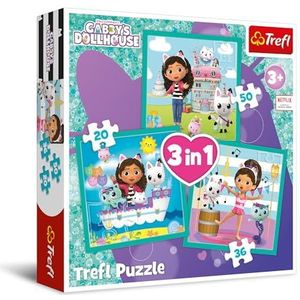 Trefl - Gabby's Dollhouse, Gabby-activiteiten – 3-in-1 puzzel, 3 puzzels, van 20 tot 50 stukjes – kleurrijke puzzels met stripfiguren, vrije tijd voor kinderen vanaf 3 jaar