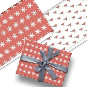 Glick Luxe dubbelzijdig cadeaupapier met drie vellen sneeuwvlokken en roodborstjes - Kerstcadeaupapier - Veelkleurig