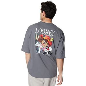 Trendyol T-shirt en tricot à col rond surdimensionné sous licence homme, anthracite, XL, Anthracite, XL