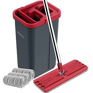 BOSHENG Dweilset, emmer met 3 wasbare dweilpads, voor nat/droog wassen, rood/zwart