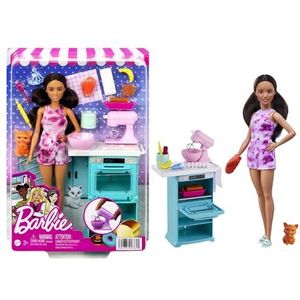 Barbie HCD44 - Speelset voor pop en keuken met Barbie pop (ca. 27 cm, bruin haar), oven, keukenmachine, kitten en bakaccessoires, cadeauspeelgoed voor kinderen vanaf 3 jaar
