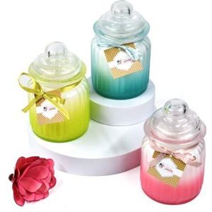 Set van 3 decoratieve glazen kaarsen met deksel, roze, groen, lichtblauw, roze, 7,8 x 15 cm