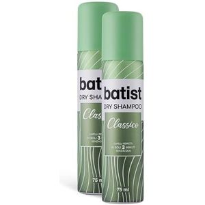 Batist Klassieke droogshampoo, droogshampoo voor perfect haar in slechts 3 minuten, zonder water, droge shampoo geschikt voor alle haartypes, 2 x 75 ml, gemaakt in Italië