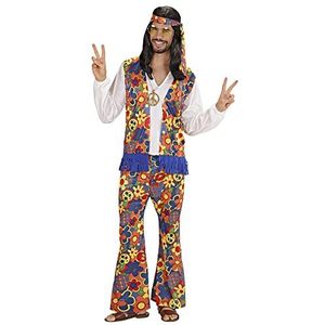Widmann - Hippie Man-kostuum, hemd met vest, broek, sjaal, ketting met medaillon, carnaval, themafeest