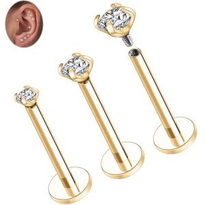 hengkaixuan G23 Set van 3 titanium labret kraakbeen helix oorbellen met binnendraad Monroe Medusa 18G 16G Tragus Conch met CZ voor dames en heren, Titanium, Kubieke zirkonia