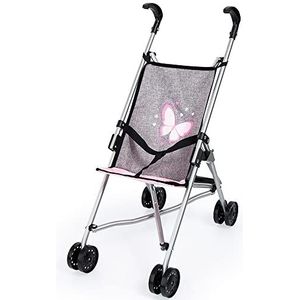 Bayer Design 30533AA Poppenwandelwagen, dubbele wielen, veiligheidsgordel, opvouwbaar, jeans-grijs, roze, vlinder