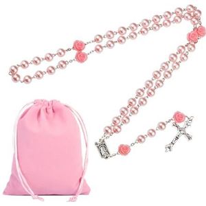 XoeLLe Katholieke kruis rozenkrans ketting, roze kralen rozenkrans ketting, amulet ketting religieuze sieraden, medaille zwaar kruis gekruisigd, fluwelen tas, voor katholieke religieuze communie
