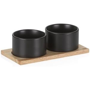 kela Gunten 10069 set van 3 zwarte porseleinen kommen Ø 10 cm, 1 houten plank 23,5 x 12 cm