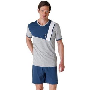 LVB Ensemble de pyjama à manches courtes avec col en V et short pour homme, Gris et Bleu, L