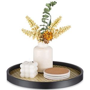 Hanobe Decoratief rond koffieblad: salontafelbladen van rotan met zwart houten frame voor opslag en presentatie, dienblad voor toonbank, woonkamer, commode, make-up